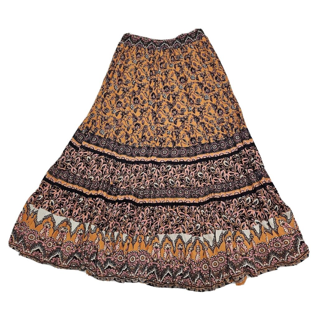 Nostalgia Womens Size S Orange Bohemian Mixed Floral Print 100% Rayon Maxi Skirt